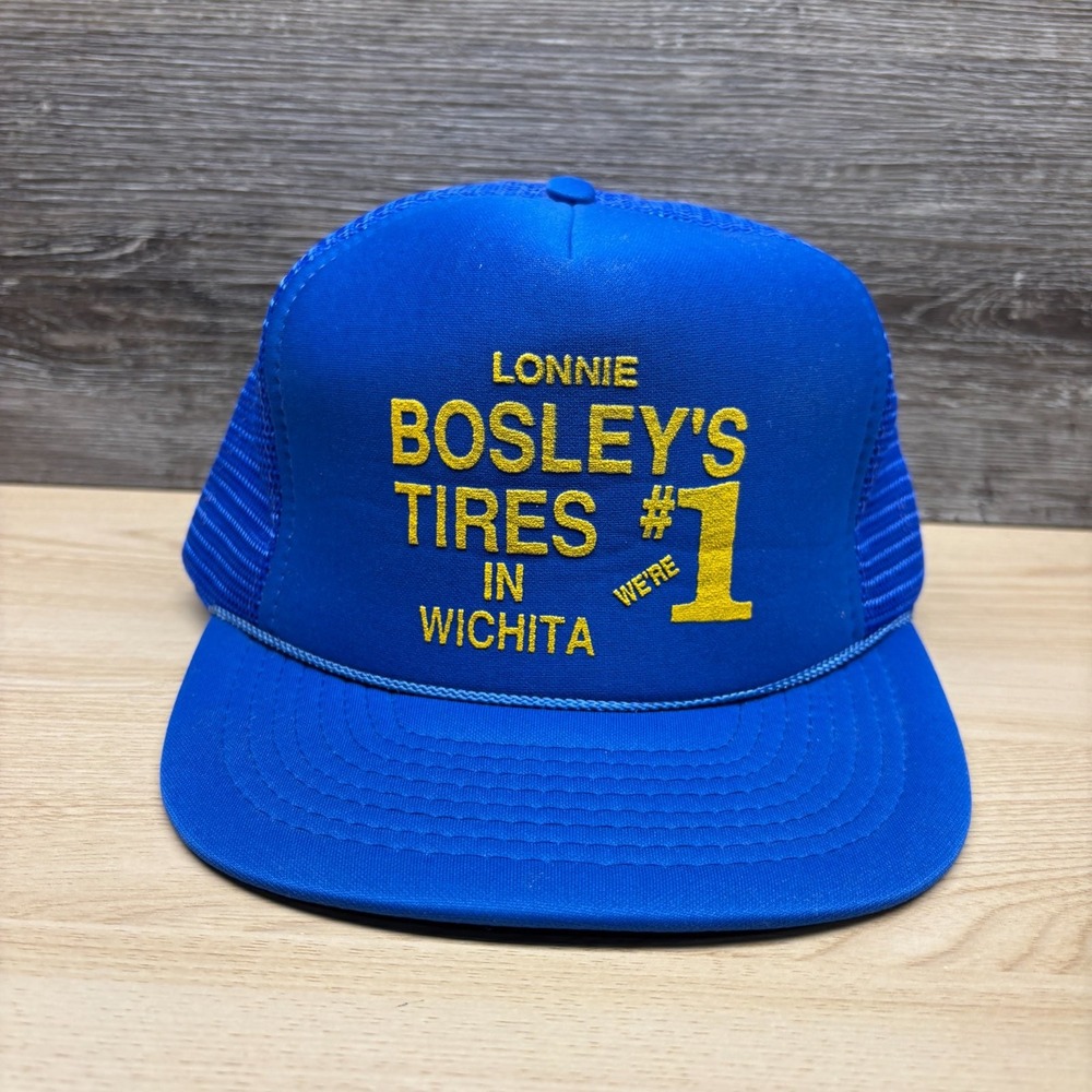 Vintage Lonnie Bosley's Tires Hat Cap Snap Back Blue Trucker Wichita Kansas Prom